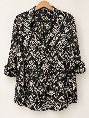 Haver London Black & Off-White Geometric Print Button-Up Blouse XL